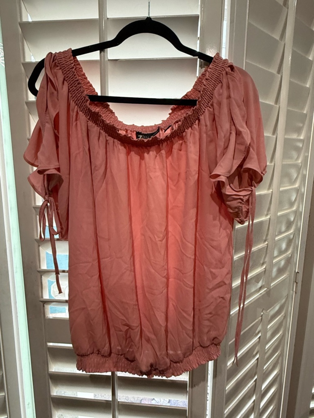 New York & Company Coral Pink Off-Shoulder Ruffle Sleeve Blouse